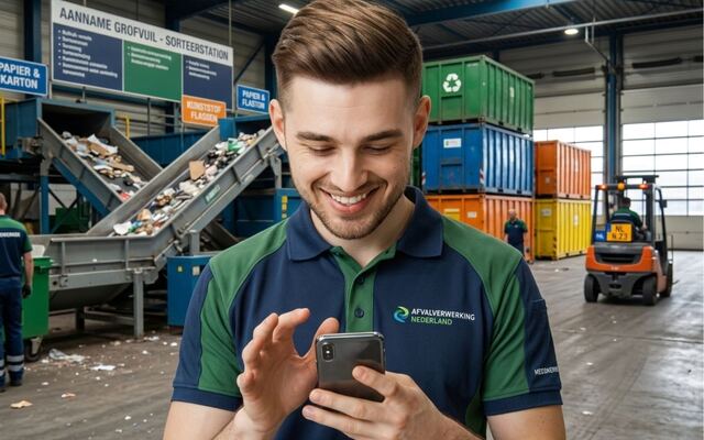 Een medewerker bekijkt zijn telefoon bij de grofvuilbalie van een milieustraat
