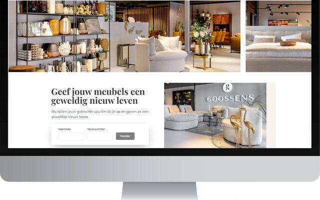 Een beeldscherm met de webshop van een woonwinkel en de tekst Geef jouw meubels een geweldig nieuw leven